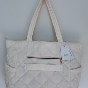 Weekender Quilted Cream Tote with Front Zip Pocket